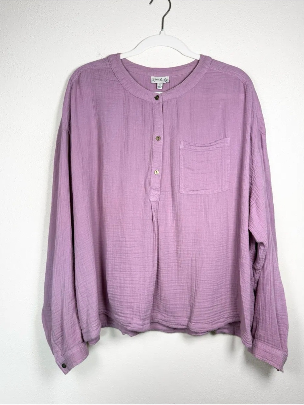 Wonderly 2X Lavender 100% Cotton Gauze Henley Top Cottagecore Plus Boho